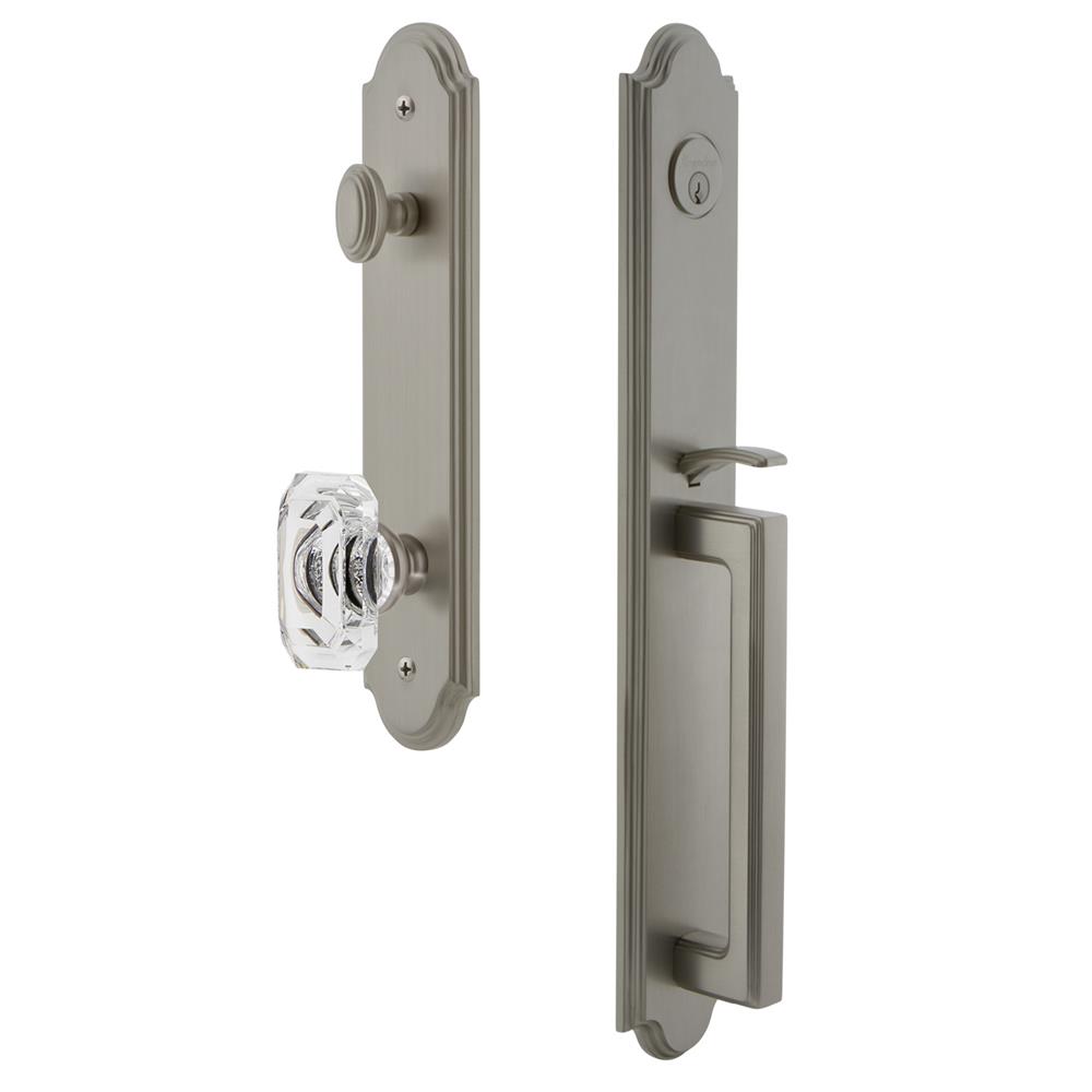 Grandeur by Nostalgic Warehouse ARCDGRBCC Arc One-Piece Handleset with D Grip and Baguette Clear Crystal Knob in Satin Nickel
